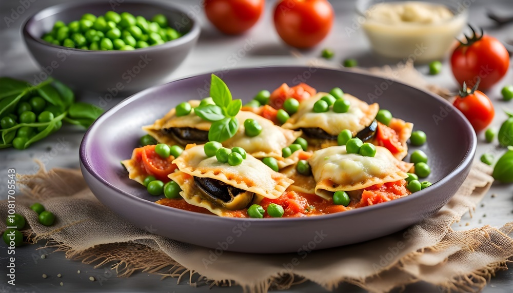 Filled Eggplant, tomato Ravioli with green peas
Filled Eggplant, tomato Ravioli with green peas