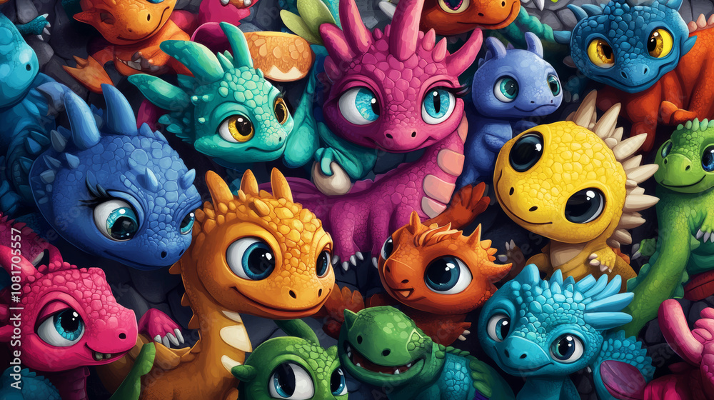 A collection of cute, cartoon dragons and dinosaurs with big, winking eyes and bright colors. These whimsical creatures are perfect for kids' wallpapers and illustrations. A collection of cute, cartoon dragons and dinosaurs with big, winking eyes and bright colors. These whimsical creatures are perfect for kids' wallpapers and illustrations.