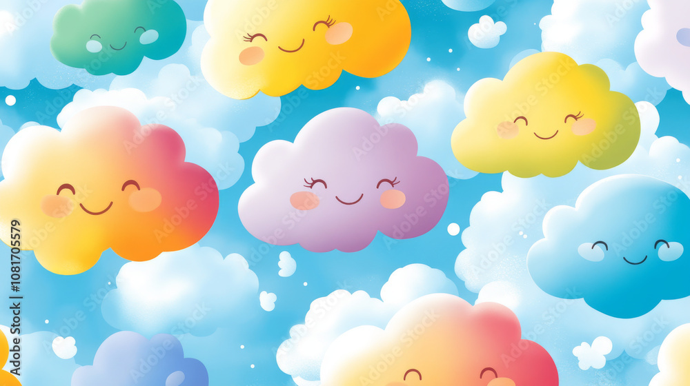 Cute cartoon clouds with smiling faces and winking eyes. They come in bright, rainbow colors and are perfect for kids' illustrations or wallpaper. Cute cartoon clouds with smiling faces and winking eyes. They come in bright, rainbow colors and are perfect for kids' illustrations or wallpaper.