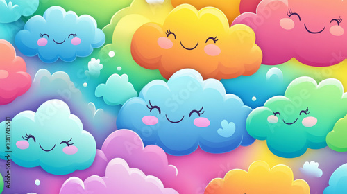 Cute cartoon clouds with smiling faces and winking eyes. They come in bright, rainbow colors and are perfect for kids' illustrations or wallpaper.