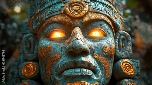 Wallpaper Mural Closeup of ancient Aztec mask, detailed stone carvings with gold accents, dramatic lighting highlighting texture, cultural artifact Torontodigital.ca