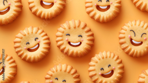 Cute cartoon biscuits with smiling faces and winking eyes. The biscuits are in bright colors and perfect for kids' wallpapers or illustrations.