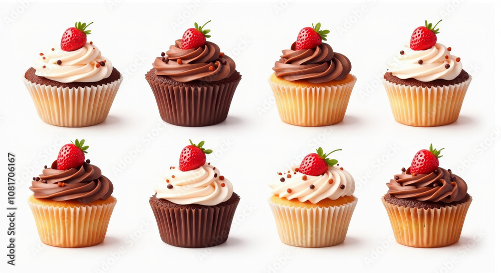 Delicious Cupcake Collection Featuring Chocolate and Vanilla Cupcakes Topped with Strawberries ? Ideal for Birthday Celebrations and Dessert Menus Delicious Cupcake Collection Featuring Chocolate and Vanilla Cupcakes Topped with Strawberries ? Ideal for Birthday Celebrations and Dessert Menus