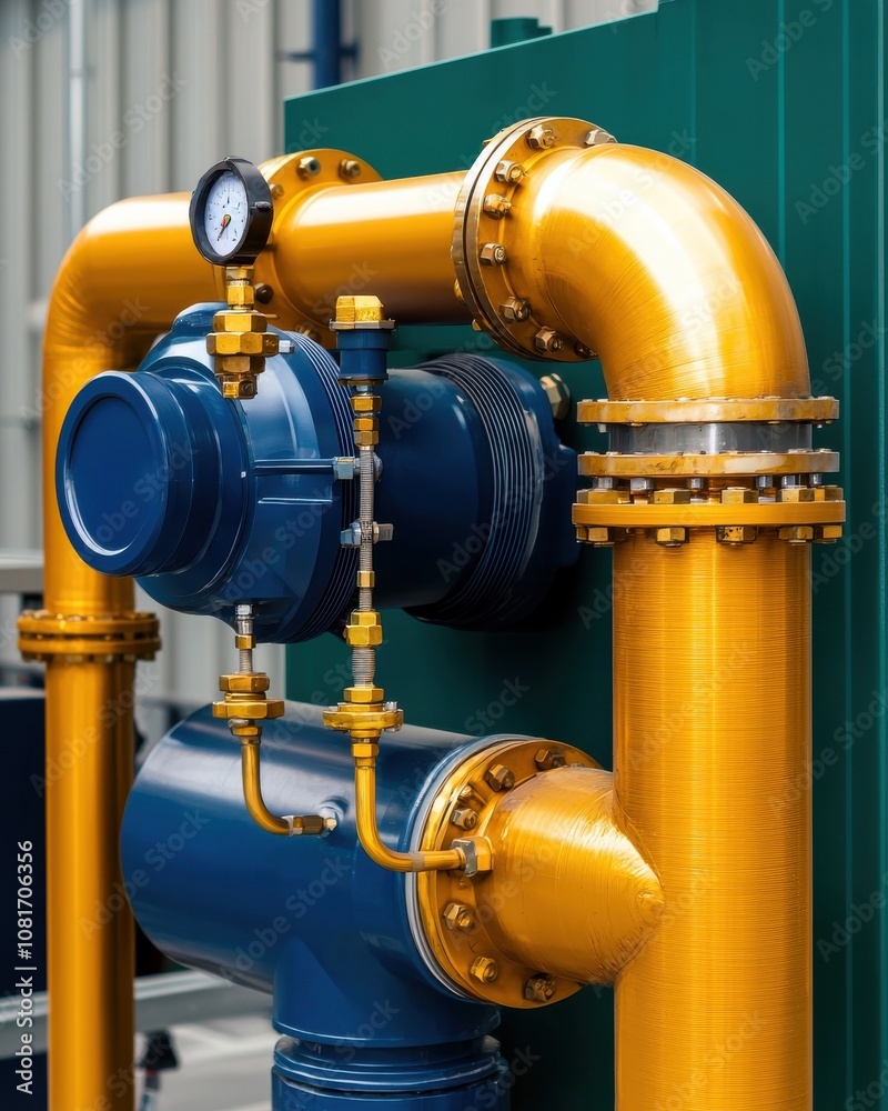 A close-up of brightly colored industrial pipes and valves, showcasing a blue and yellow pipe system against a green backdrop. A close-up of brightly colored industrial pipes and valves, showcasing a blue and yellow pipe system against a green backdrop.