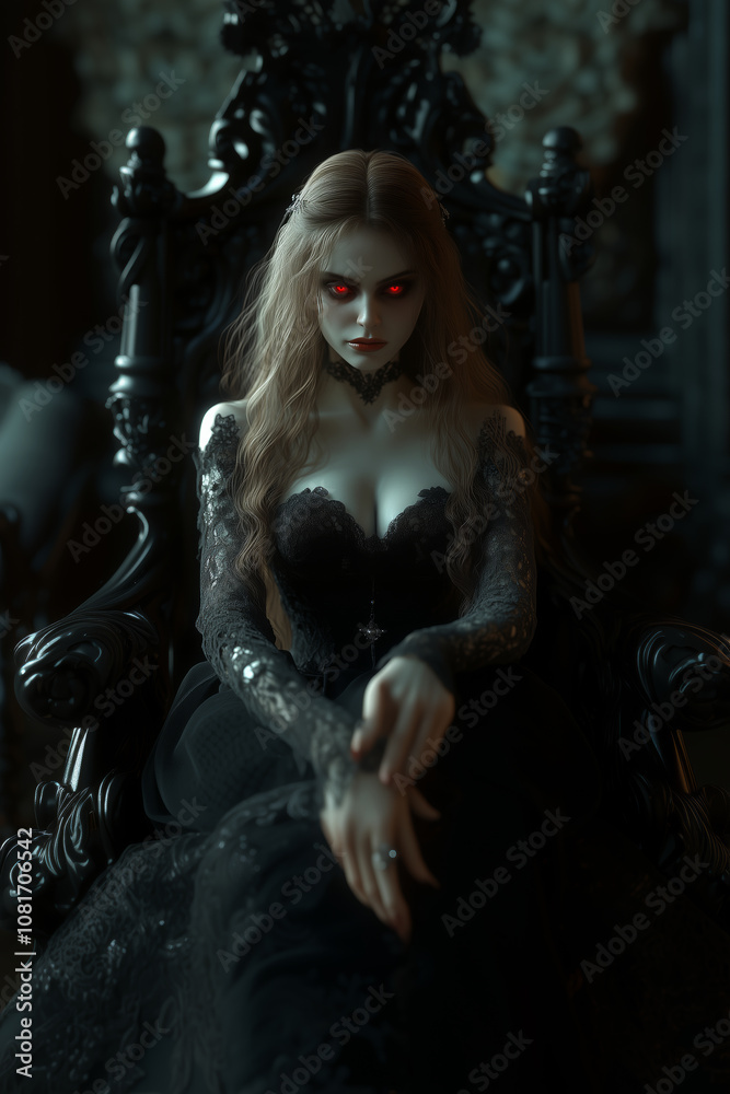 Mysterious figure sitting in a gothic throne with glowing red eyes in a dark room Mysterious figure sitting in a gothic throne with glowing red eyes in a dark room