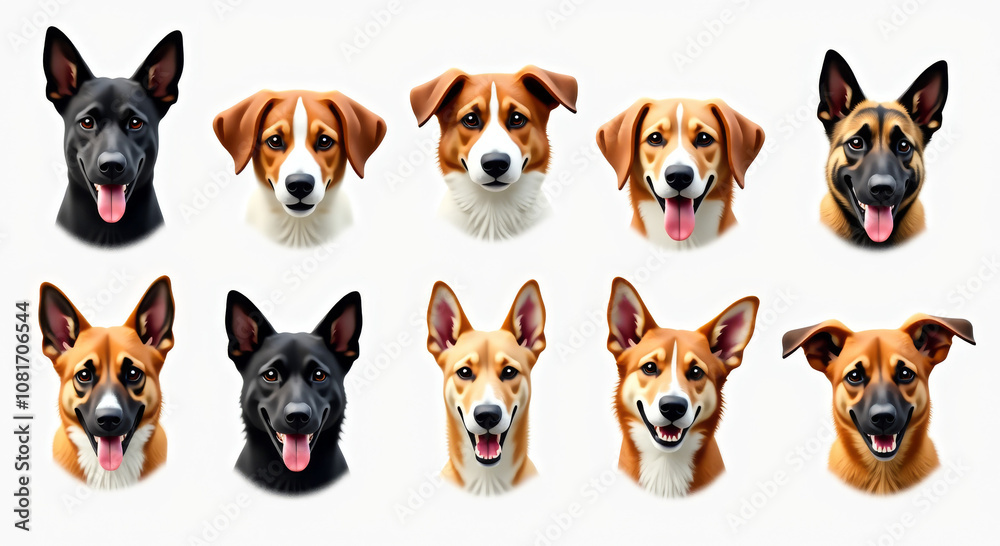 Cute Dog Faces Illustration Set - Adorable Puppy Portrait Collection Featuring Various Breeds with Lifelike Expressions for Design and Decoration Use Cute Dog Faces Illustration Set - Adorable Puppy Portrait Collection Featuring Various Breeds with Lifelike Expressions for Design and Decoration Use