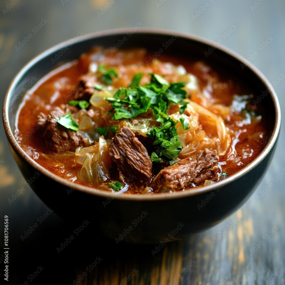 A delicious bowl of hearty beef stew garnished with fresh herbs. A delicious bowl of hearty beef stew garnished with fresh herbs.