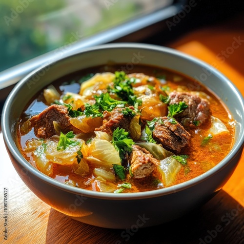 A delicious bowl of hearty beef stew with fresh herbs and vegetables.