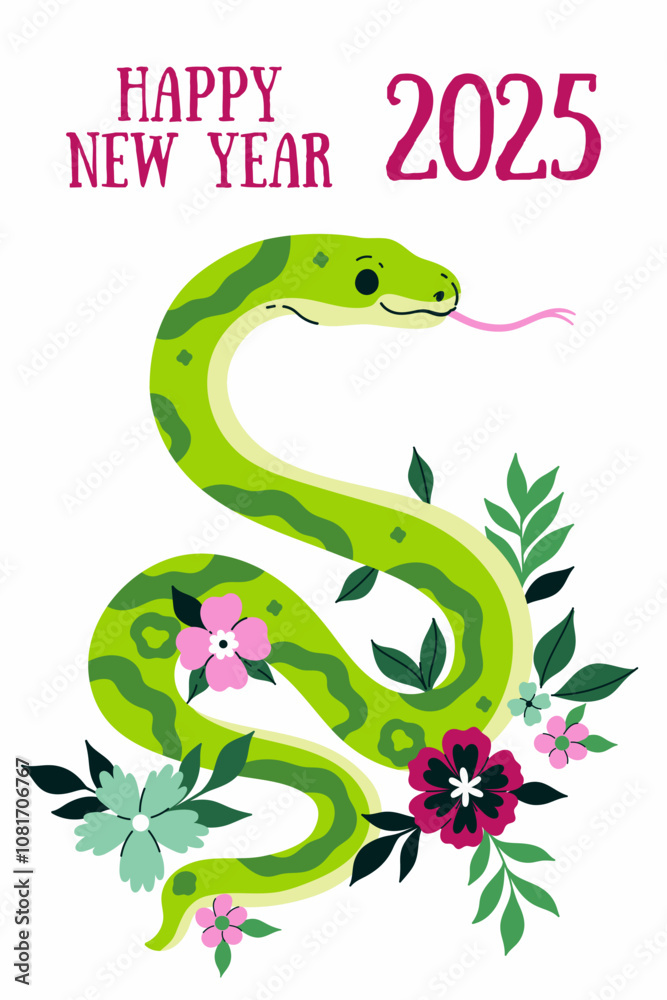 Fototapeta premium Symbol of 2025 year green snake. Vector graphics.