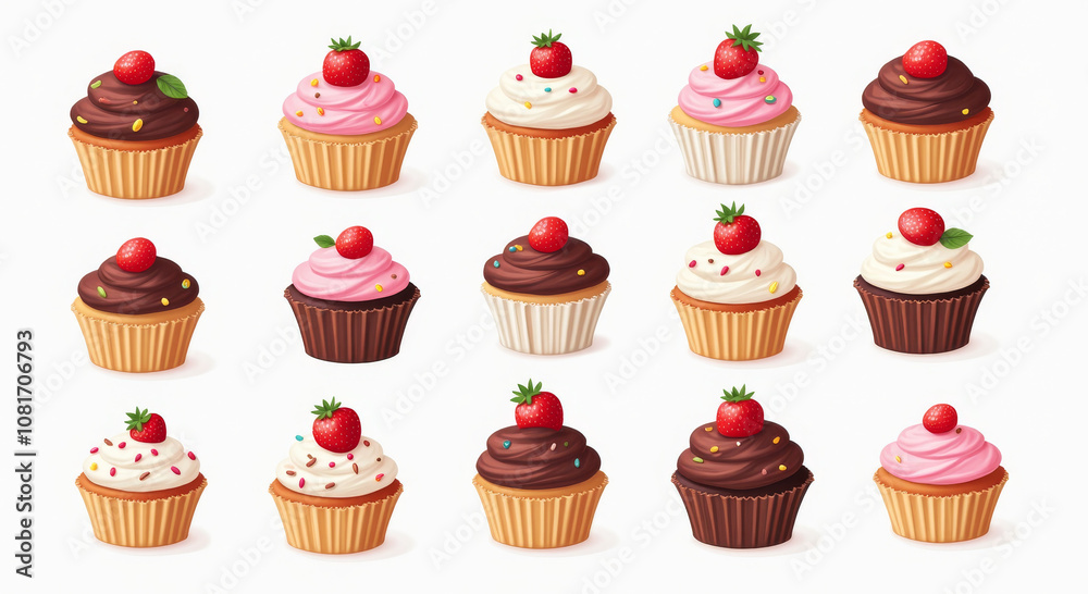 Delicious Cupcake Collection Illustration with Assorted Frosting and Toppings, Perfect for Dessert Lovers and Bakery Promotions. Delicious Cupcake Collection Illustration with Assorted Frosting and Toppings, Perfect for Dessert Lovers and Bakery Promotions.