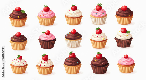 Delicious Cupcake Collection Illustration with Assorted Frosting and Toppings, Perfect for Dessert Lovers and Bakery Promotions.