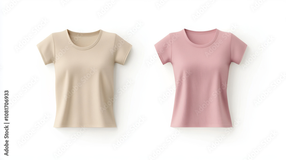 Two sleeveless shirts, front, back, and side views, are shown in a pastel pink and beige color. They have a round neck and are on a white background. This is a mockup for graphic design artwork. Two sleeveless shirts, front, back, and side views, are shown in a pastel pink and beige color. They have a round neck and are on a white background. This is a mockup for graphic design artwork.