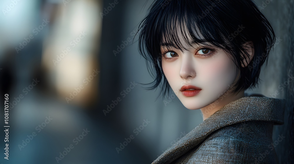 Young woman with short black hair and brown eyes looking at the camera. Young woman with short black hair and brown eyes looking at the camera.