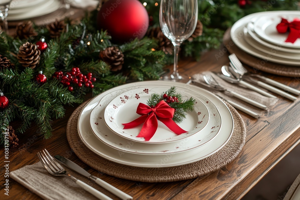 Christmas table setting with white plates, red ribbon, cutlery, and wine glass on a wooden surface. Festive dining with wreath decoration and holiday ambiance. Christmas table setting with white plates, red ribbon, cutlery, and wine glass on a wooden surface. Festive dining with wreath decoration and holiday ambiance.