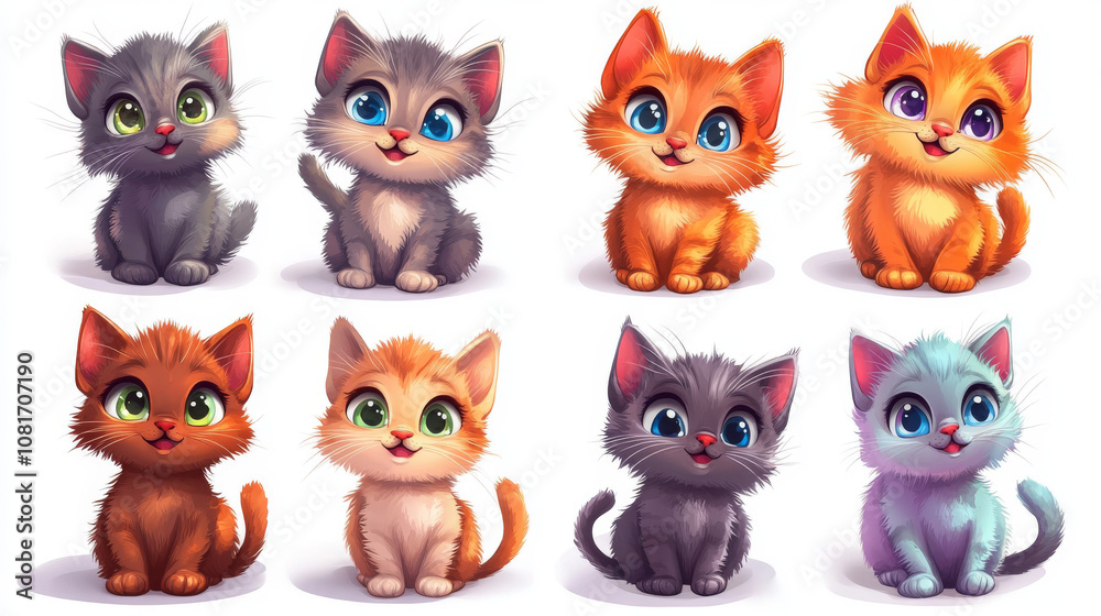 A collection of cute cartoon kittens with bright colors and winking eyes. These playful kittens are perfect for children's illustrations or wallpaper. A collection of cute cartoon kittens with bright colors and winking eyes. These playful kittens are perfect for children's illustrations or wallpaper.