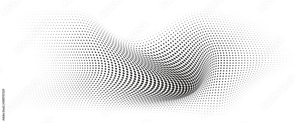 Flowing Wave Dot Halftone Pattern: Curve Gradient Shape on Transparent Background. Suitable for AI, Tech, Network, Digital, Science, and Technology Themes. Flowing Wave Dot Halftone Pattern: Curve Gradient Shape on Transparent Background. Suitable for AI, Tech, Network, Digital, Science, and Technology Themes.