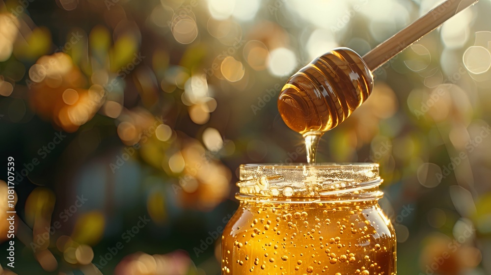 Honey Dripping from Dipper into Glass Jar Honey Dripping from Dipper into Glass Jar