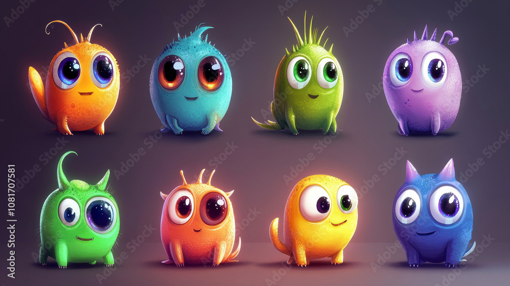 This is a collection of cute,cartoon alien monsters.They have big eyes, bright colors, and funny expressions. These characters are perfect for children's illustrations, wallpapers, or any fun project. This is a collection of cute,cartoon alien monsters.They have big eyes, bright colors, and funny expressions. These characters are perfect for children's illustrations, wallpapers, or any fun project.