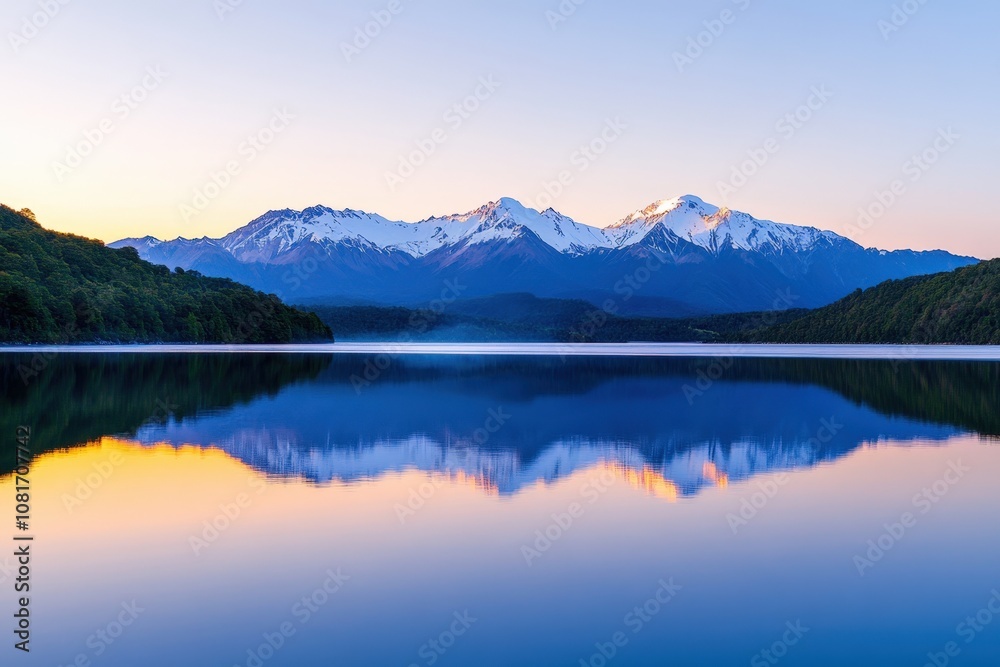 A serene lake reflecting snow-capped mountains at sunrise. A serene lake reflecting snow-capped mountains at sunrise.