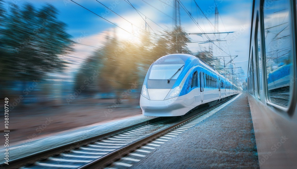 Naklejka premium electric passenger train Drive at high speed amidst the urban landscape.