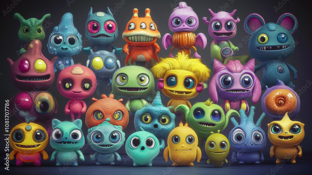 This is a collection of cute,cartoon alien monsters.They have big eyes, bright colors, and funny expressions. These characters are perfect for children's illustrations, wallpapers, or any fun project.