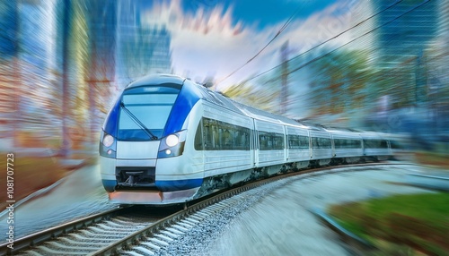 electric passenger train Drive at high speed amidst the urban landscape.