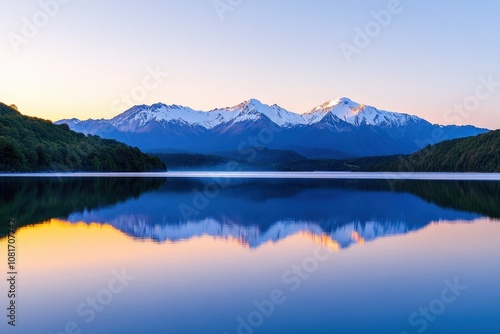 A serene lake reflecting snow-capped mountains at sunrise.