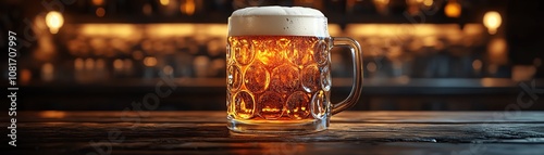 Mug of frothy beer on a wooden bar, warm lighting, cozy pub atmosphere