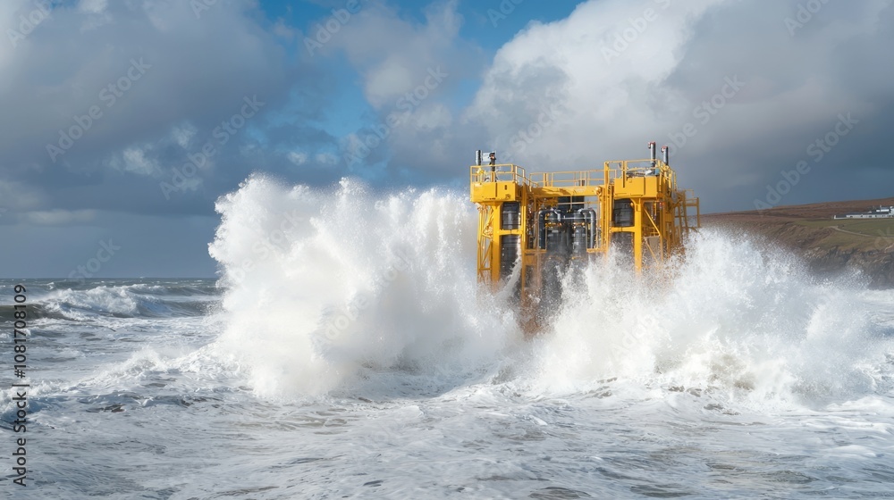 Harnessing Ocean Power: Tidal Energy Generator amidst Crashing Waves on Dramatic Coastal Background Harnessing Ocean Power: Tidal Energy Generator amidst Crashing Waves on Dramatic Coastal Background
