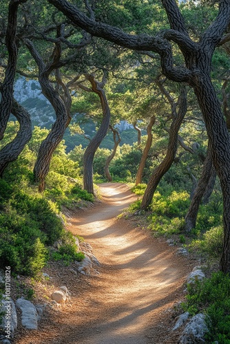 Mystical forest with twisted trees and dappled sunlight, a winding dirt path in the center