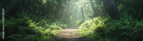 Mystical forest path under dense canopy, sunlight filtering through lush greenery