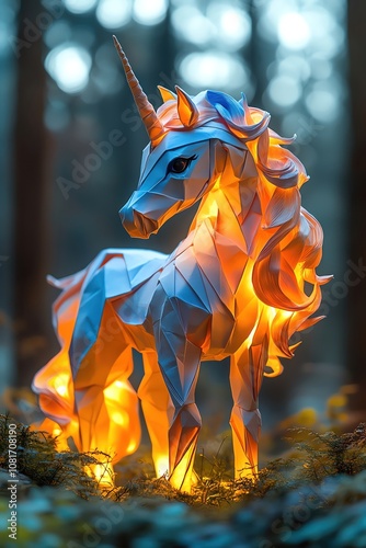 Origami unicorn in mystical forest, night glow, fantasy ambiance, enchanting