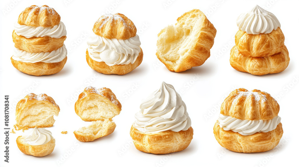 A French Cream Puff, also called a Choux pastry or Choux à la Crème bun, shown from many angles. It's stacked, broken, sliced, and piled up. This is a design template for creating artwork. A French Cream Puff, also called a Choux pastry or Choux à la Crème bun, shown from many angles. It's stacked, broken, sliced, and piled up. This is a design template for creating artwork.