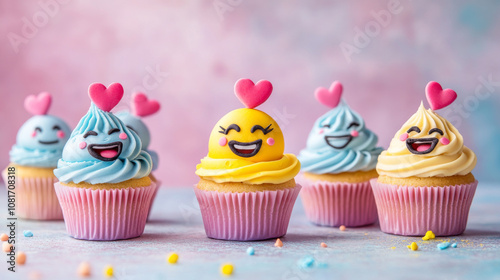 A set of cute cartoon cupcakes with funny faces and winking eyes. They have hearts and are perfect for Valentine's Day. The illustrations are in bright, pastel colors and are ideal for kids.