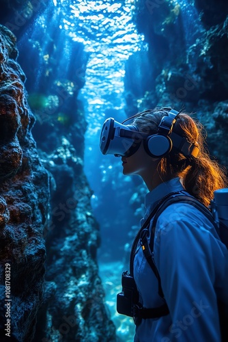 Person wearing VR headset exploring an underwater virtual ocean, soft lighting, wide shot