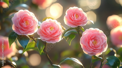 Pink camellia flowers on tree branches, bright garden setting