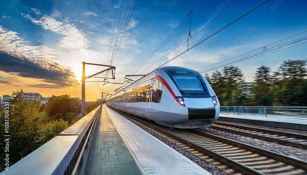 Fototapeta premium electric passenger train Drive at high speed amidst the urban landscape.