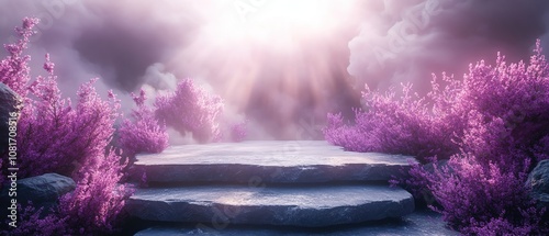 Podium in lilac bloom, mystical smoke, soft backlight