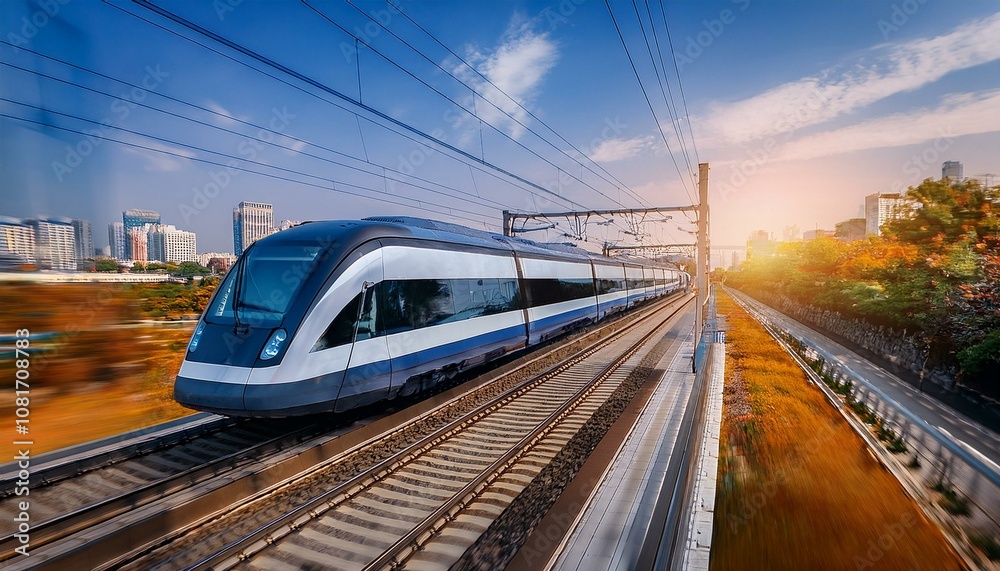 Fototapeta premium electric passenger train Drive at high speed amidst the urban landscape.