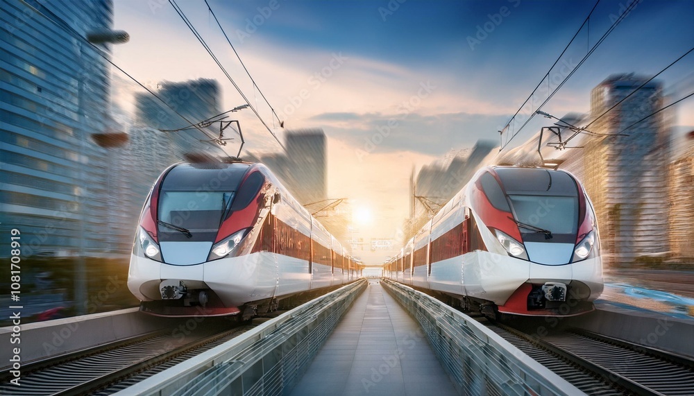 Fototapeta premium electric passenger train Drive at high speed amidst the urban landscape.