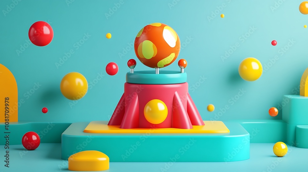 Obraz premium Colorful 3D abstract background with a floating sphere on a platform.