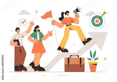 Vector Illustration of Women Leaders in Business, featuring a Female Leader in Meetings Focused on Career Growth, Victory, and Goal Achievement