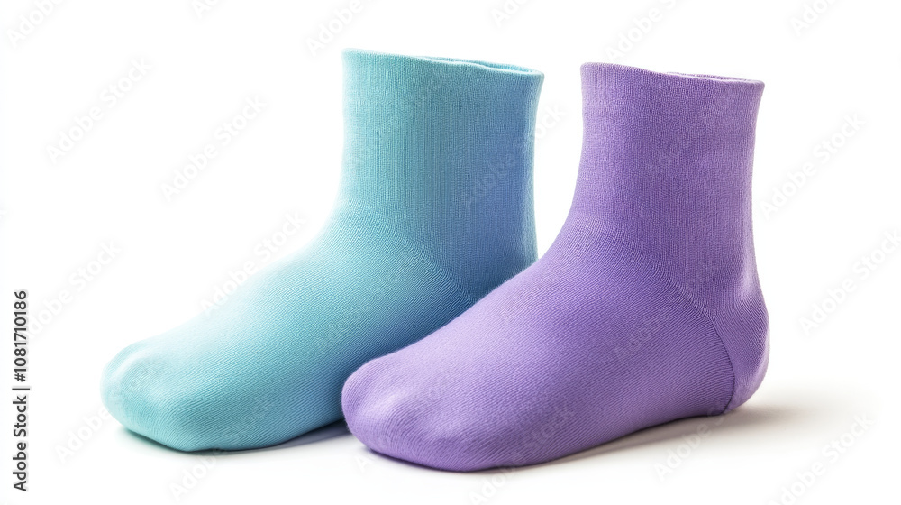 Two pairs of plain socks, in pastel shades of blue, purple, and violet, are shown against a white background. These are perfect for showcasing designs on socks.