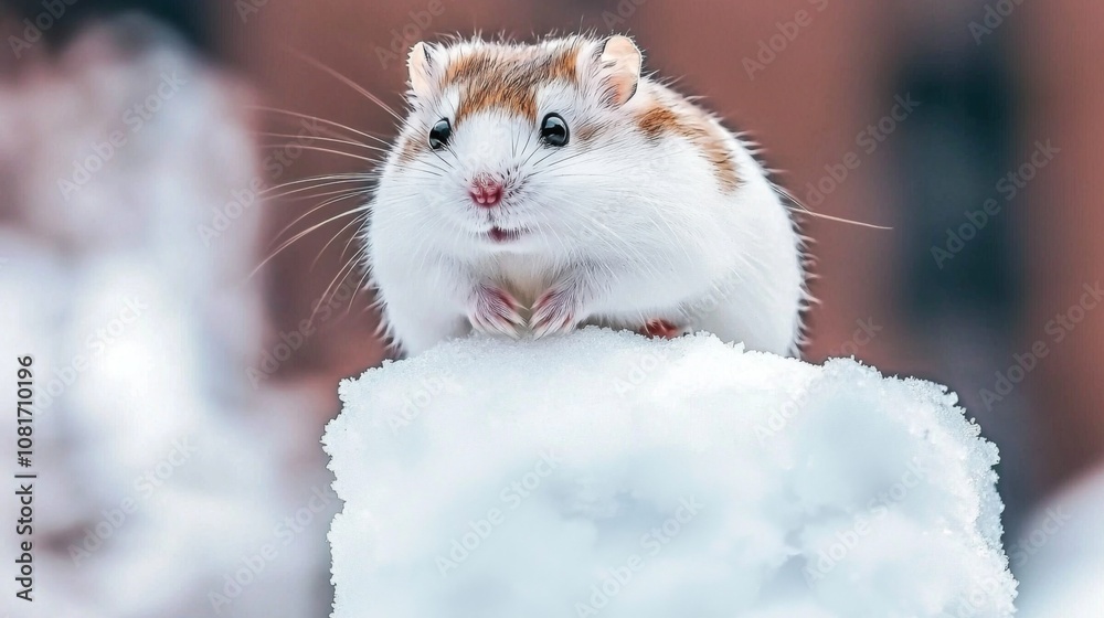 A curious hamster exploring a snowy landscape during wintertime in a quaint outdoor setting A curious hamster exploring a snowy landscape during wintertime in a quaint outdoor setting