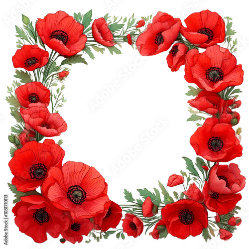Red poppy flower border frame for layouts, cards, mockups, invitation etc.	
