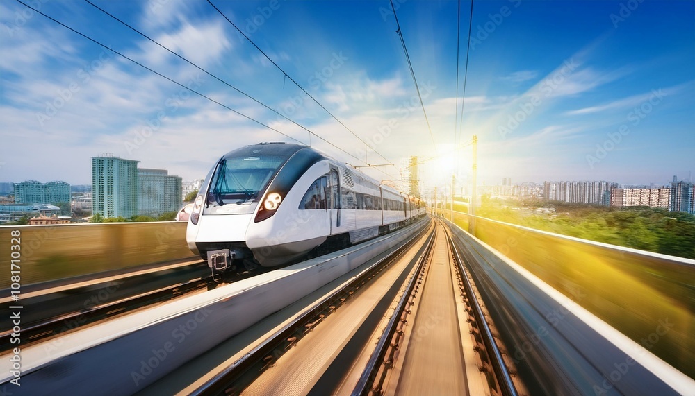 electric passenger train Drive at high speed amidst the urban landscape. electric passenger train Drive at high speed amidst the urban landscape.