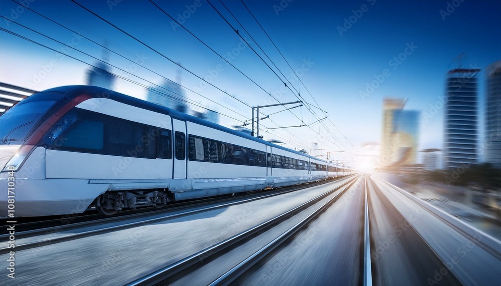 Fototapeta premium electric passenger train Drive at high speed amidst the urban landscape.