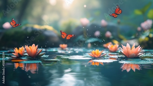 A serene pond with blooming water lilies and butterflies fluttering in the gentle sunlight.