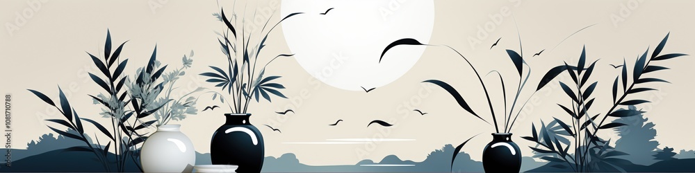 Minimalist illustration with a white vase and two black vases holding leaves and branches against a cream background. Minimalist illustration with a white vase and two black vases holding leaves and branches against a cream background.