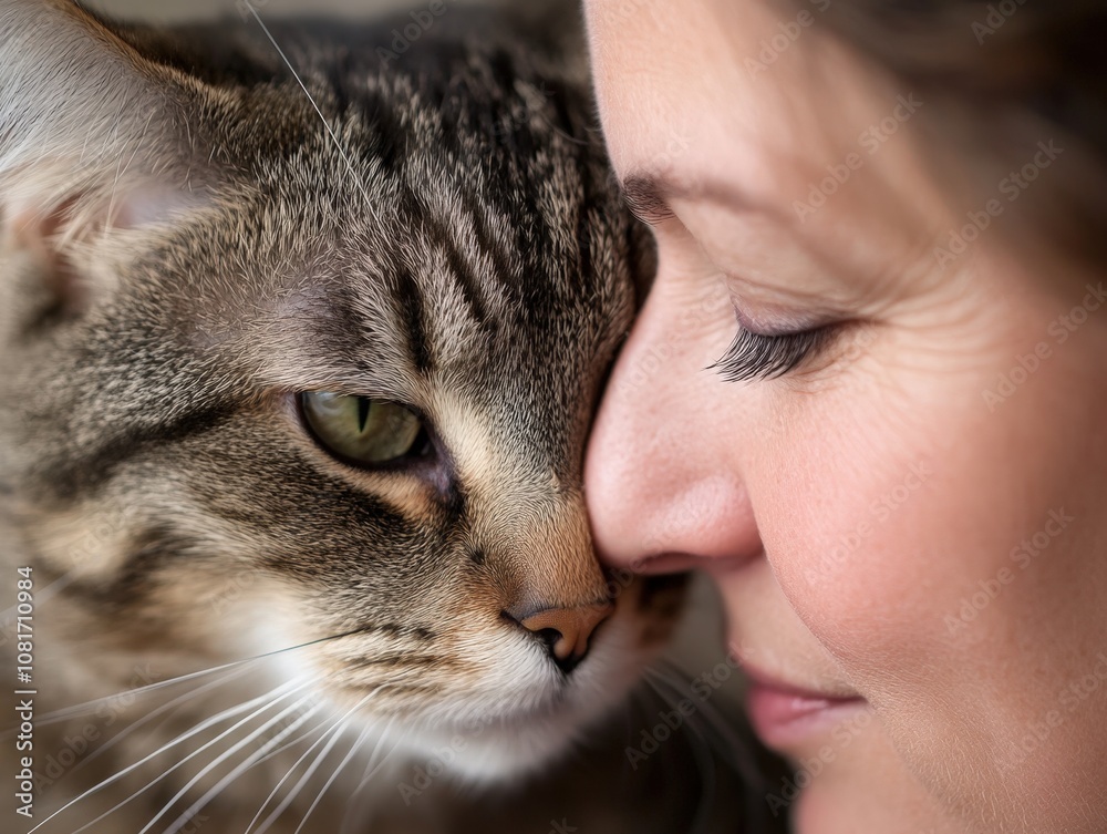 A woman sharing a tender moment with her cat, showcasing the bond between pets and their owners. A woman sharing a tender moment with her cat, showcasing the bond between pets and their owners.